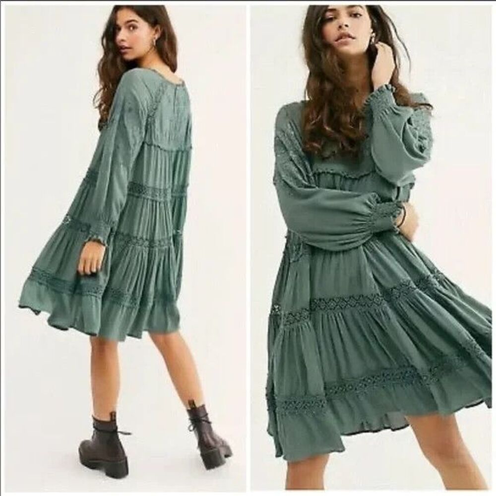 Free People Piece of Your Heart Green Embroidered Lace Trim Balloon Sleeve Dress